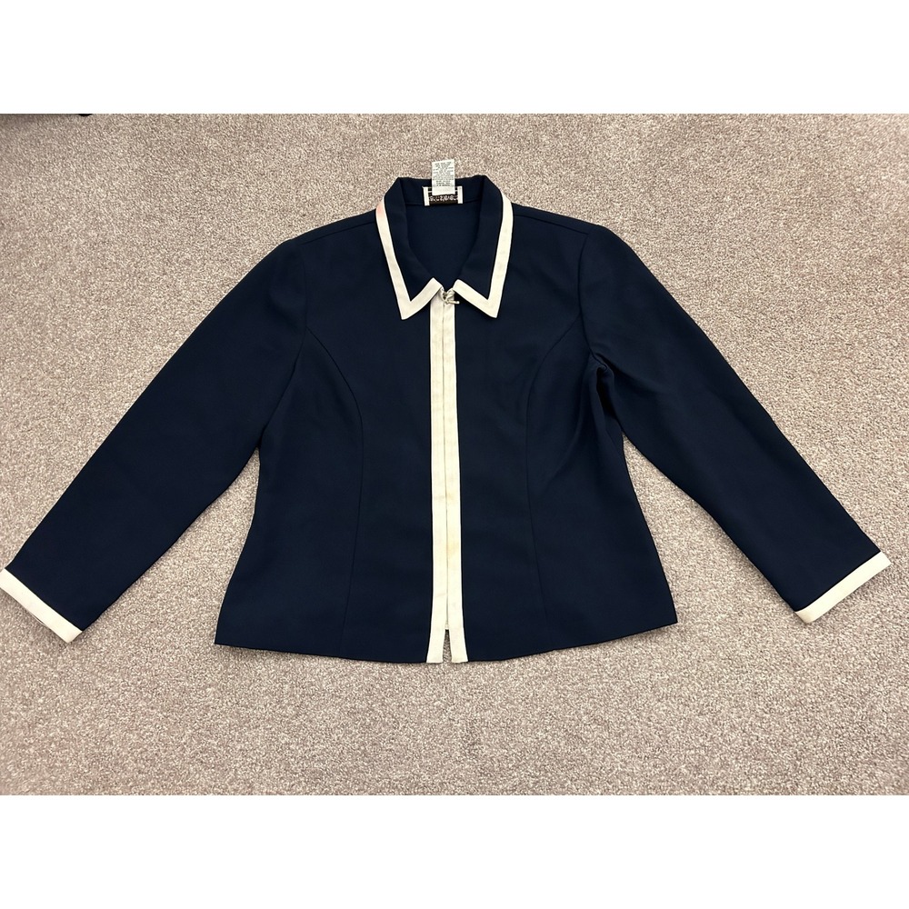 90s Karin Stevens Zip Jacket Womens 16 Navy Blue Good Contrast Trim Collared 90s